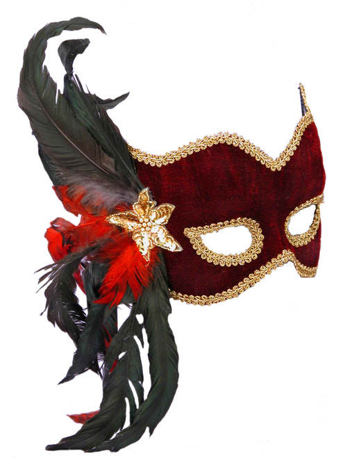 Deluxe Maroon Red and Gold Mardi Gras Carnival Mask With Feather Plume