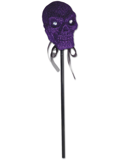 Purple 16" Glittered Plastic Evil Skull With Stick Sceptor Halloween Decoration