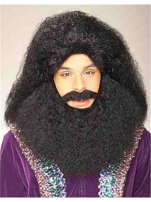 Mens Dark Sorcerer Wizard Bushy Black Wig & Beard Set