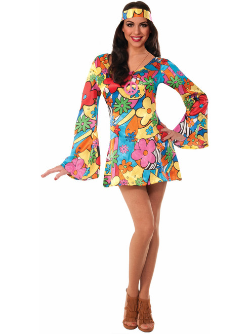 Womens Sexy 70s Hippie Go Go Dancer Flower Power Dress Costume