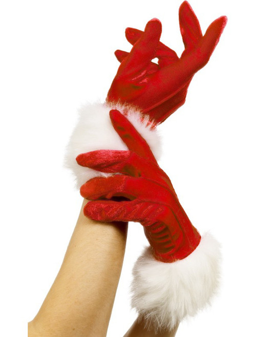 Adults Sexy Miss Santa Claus Red Costume Gloves White Trim Costume Accessory