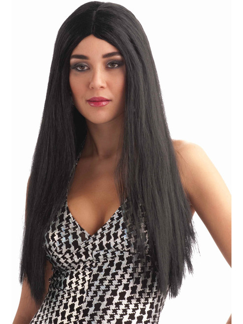 Adult Womens Costume Long Deluxe Black Straight Center Part Wig