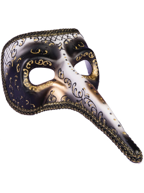 Adults Black And Gold Long Nose Venetian Masquerade Half Mask Costume Accessory