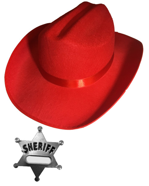 Child's Red Country Cow Boy Cowboy Hat And Badge Accessory Kit Child's Red Country Cow Boy Cowboy Hat And Badge Accessory Kit