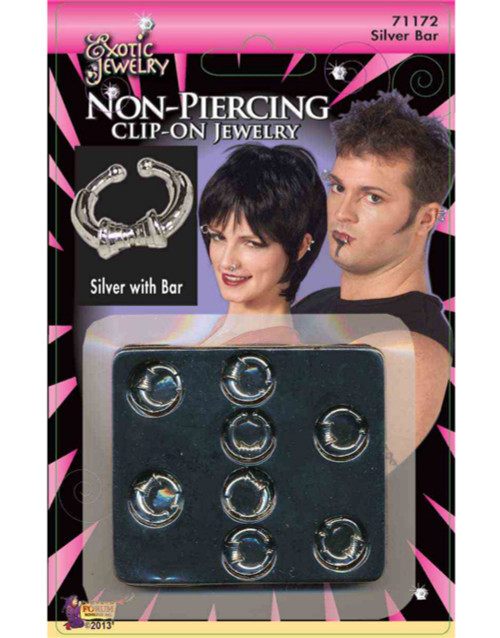 Pack of 8 Fake Punk Gothic Silver Clip-on Costume Earring Lip Ring Body Bar Hoop