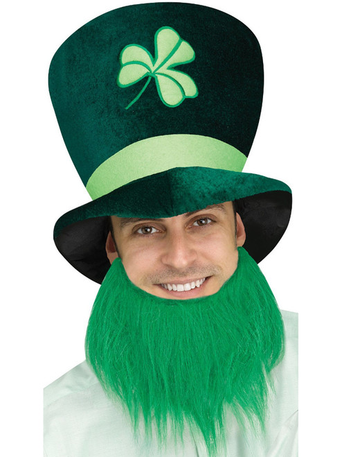 Adults St. Patrick's Day Leprechaun Tall Hat With Dark Green Beard Accessory