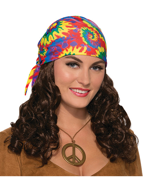 Womens Hippie Generation 60s 70s Head Scarf With Brown Wig Set Costume Accessory