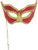 Deluxe Unisex Red Gold Venetian Costume Carnival Mask With Stick Handle