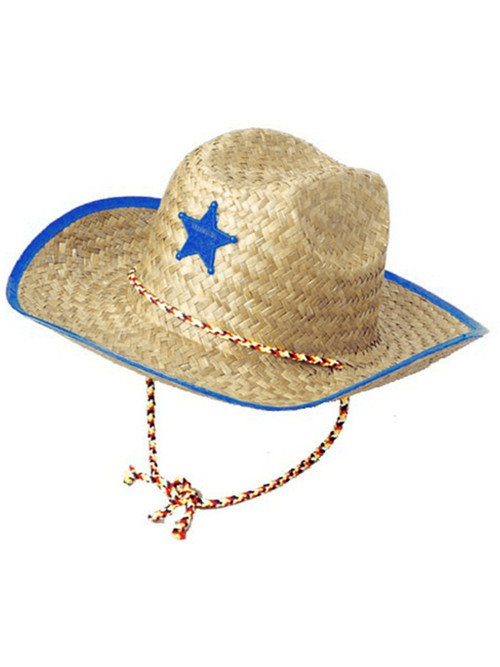 Western Sheriff Straw Hat With Blue Plastic Badge, Red & White