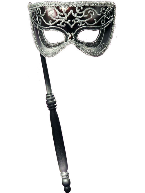 Deluxe Black And Silver Venetian Carnival Mask With Stick Handle