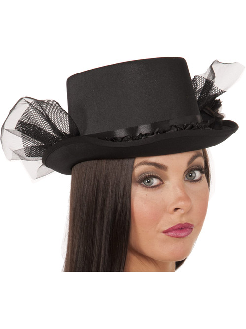 Black Top Hat with Ruffled Netting