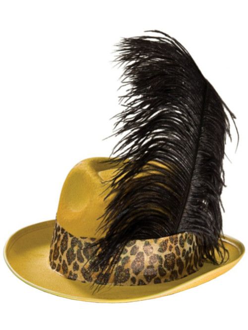 Gold Pimp Hustla Fedora Hat With Black Feather
