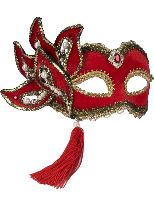 Deluxe Red And Gold Plume Feathered Venetian Mask Tassel Deluxe Red And Gold Plume Feathered Venetian Mask Tassel