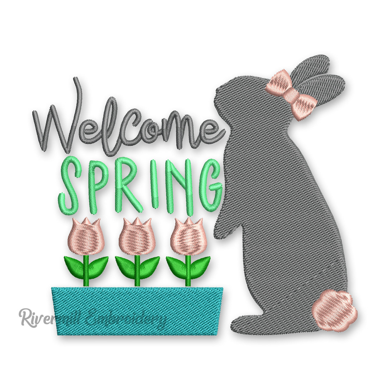 Small Welcome Spring Rabbit & Tulips Machine Embroidery Design ...