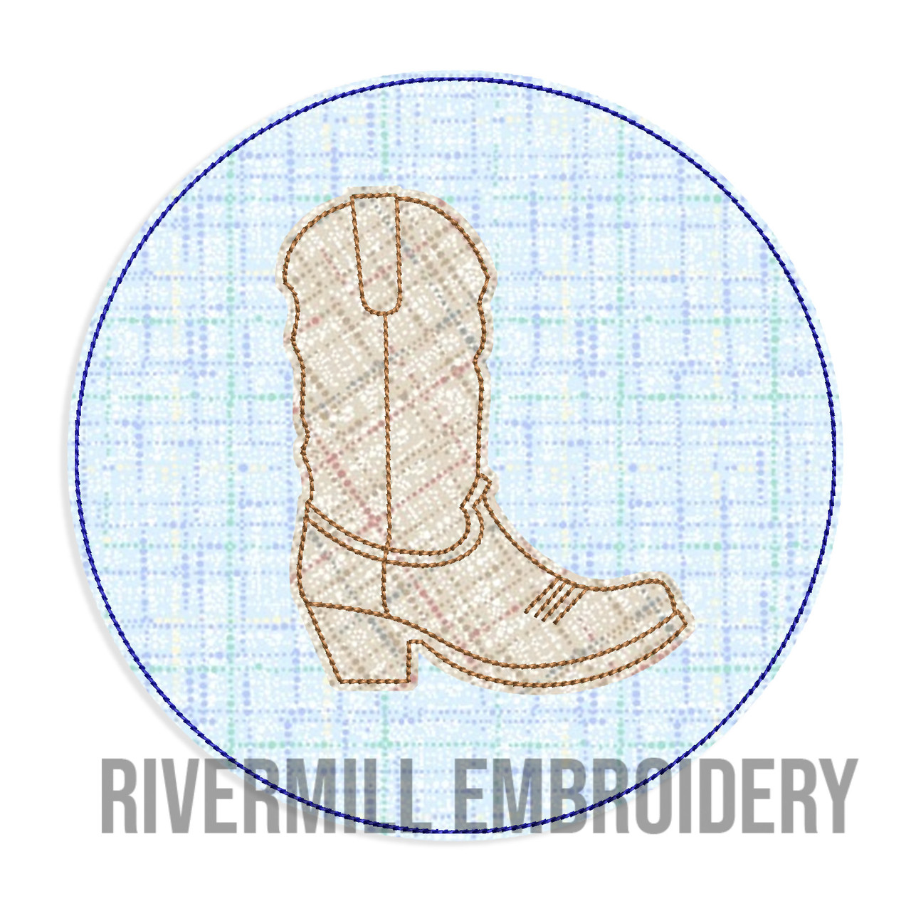 Raggy Applique Cowboy Boot In a Circle Machine Embroidery Design - Rivermill Embroidery raggy-applique-cowboy-boot-in-a-circle-machine-embroidery-design-rivermill-embroidery