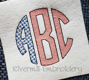 Patriotic Flag Round Circle 3 Letter Monogram Sketch Style Machine Embroidery Alphabet Font