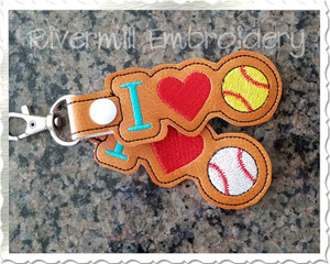 I Heart Baseball / Softball In The Hoop Snap Tab Key Fob Machine Embroidery Design