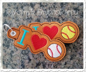 I Heart Baseball / Softball In The Hoop Eyelet Key Fob Machine Embroidery Design