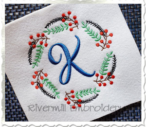 Floral Leaves & Berries Monogram Frame Machine Embroidery Design