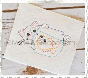 Vintage Style Cat & Fish Bowl Machine Embroidery Design