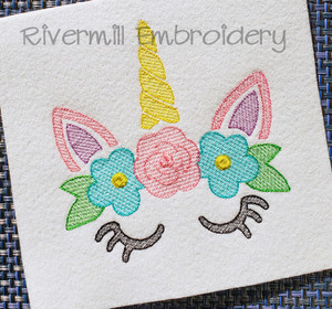 Sketch Style Unicorn With Flowers Machine Embroidery Design