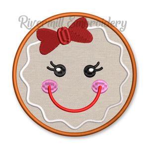 Round Gingerbread Girl Face Applique Machine Embroidery Design