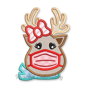 Reindeer Girl With A Face Mask & Bow Applique Machine Embroidery Design