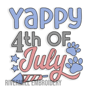 Yappy 4th Of July Sketch Machine Embroidery Design Dog Pet Lover