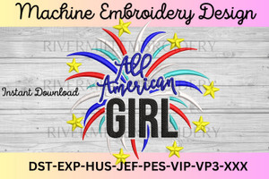 All American Girl With Fireworks Embroidery Design