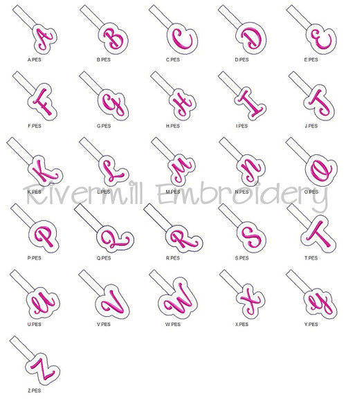 Set of 26 Initials Script Letters In The Hoop Snap Tab Key Fob Machine Embroidery Designs