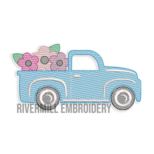 Vintage Truck With Flowers Machine Embroidery Design