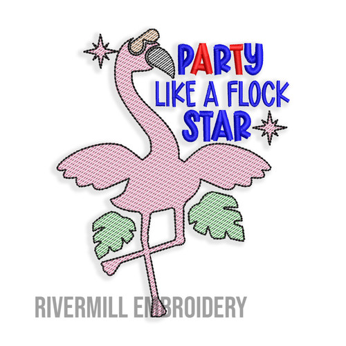 Party Like A Flock Star Sketch Machine Embroidery Design Flamingo