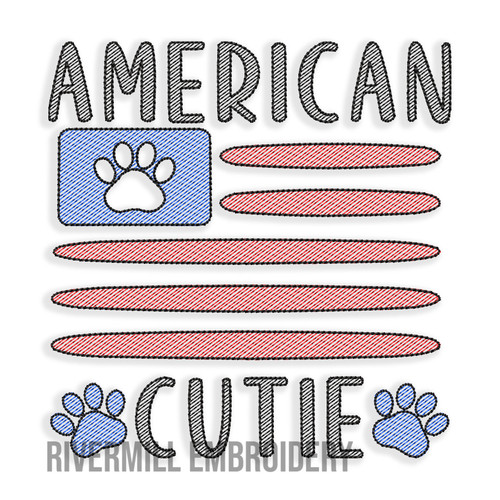 American Cutie Flag With Paw Print Sketch Machine Embroidery Design Dog Pet Lover