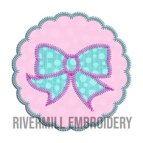 Zig Zag Applique Bow in a Scalloped Circle  Machine Embroidery Design