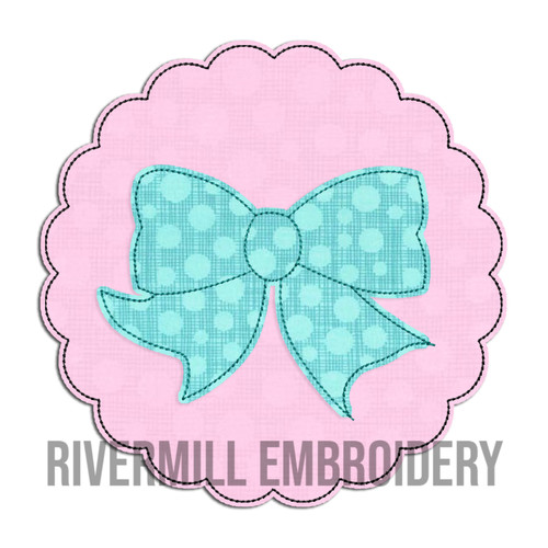 Raggy Applique Bow in a Scalloped Circle  Machine Embroidery Design