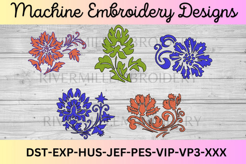 Set of 5 Floral Decorative Flourishes Machine Embroidery Designs - Set #1