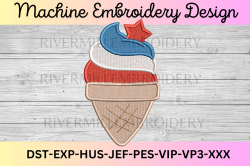 Red White & Blue Ice Cream Cone Machine Embroidery Design