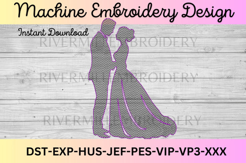 Bride & Groom Sketch Style Silhouette Machine Embroidery Design
