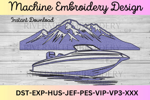 Sketch Style Boat On A Lake Machine Embroidery Design