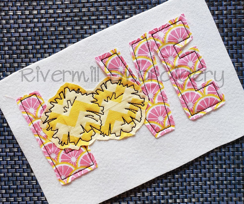 Raggy Applique Love with Pom Poms Machine Embroidery Design