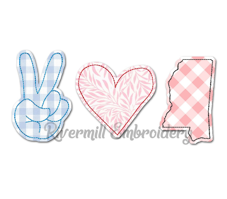 Raggy Applique Peace Love Mississippi Machine Embroidery Design