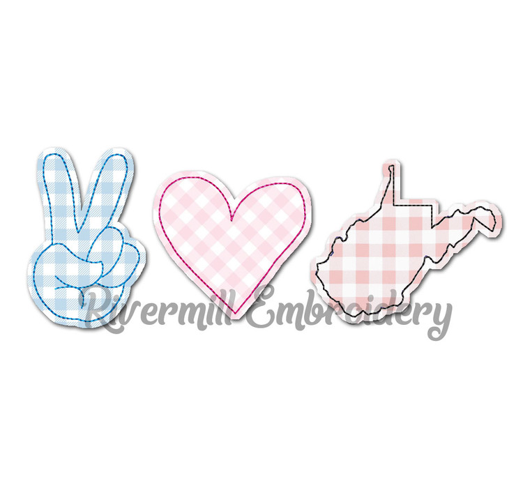 Raggy Applique Peace Love West Virginia Machine Embroidery Design