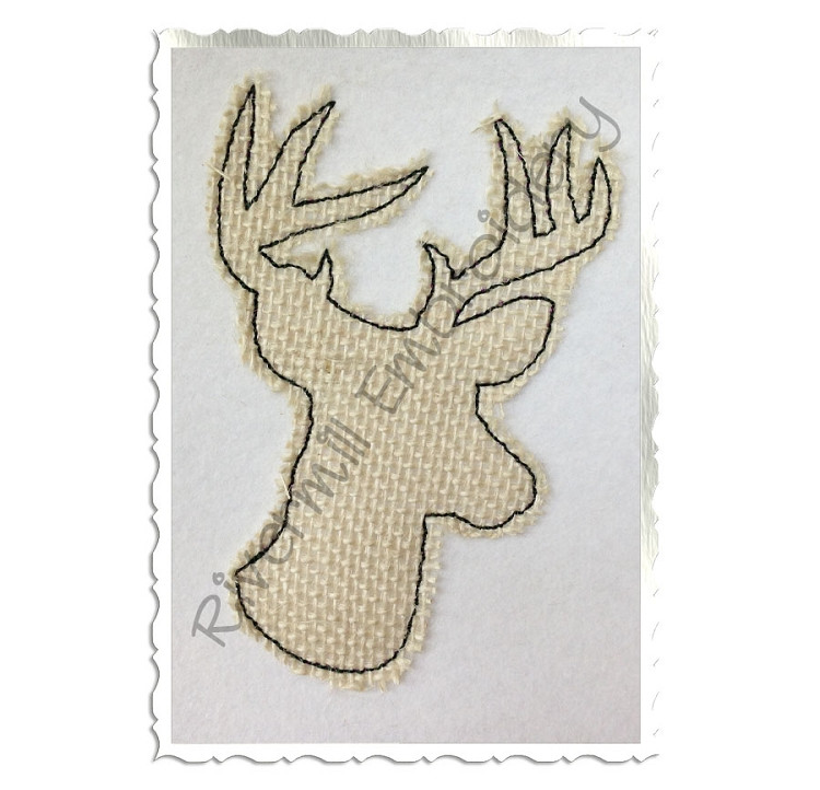 Raggy Applique Deer Head Buck Silhouette Machine Embroidery Design