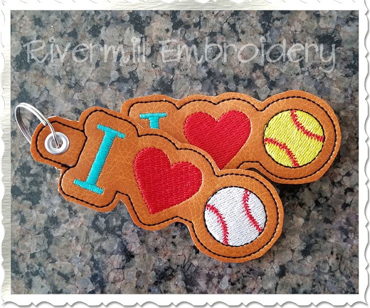 I Heart Baseball / Softball In The Hoop Eyelet Key Fob Machine Embroidery Design