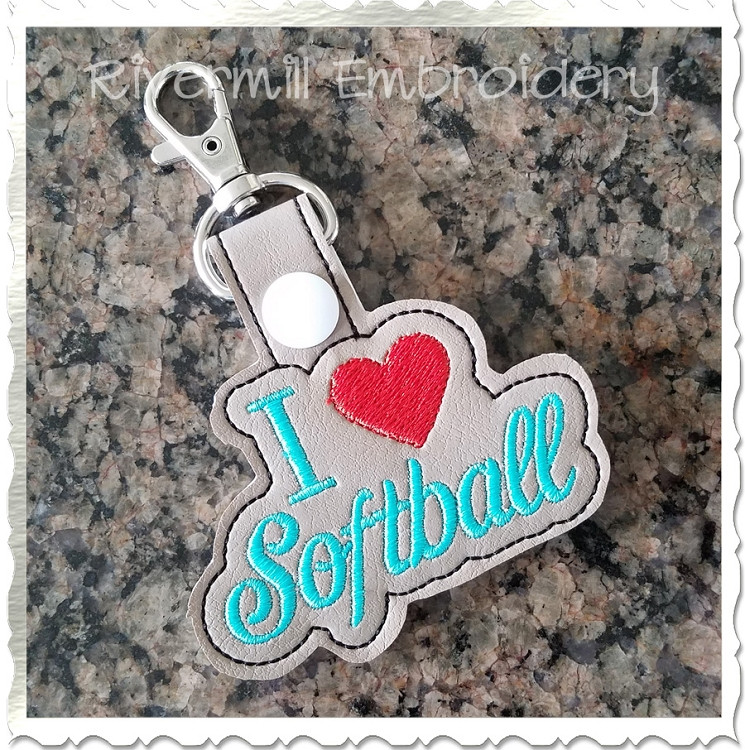 I Heart Softball In The Hoop Snap Tab Key Fob Machine Embroidery Design