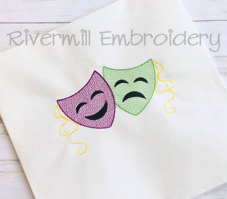 Mardi Gras Comedy & Tragedy Masks Sketch Style Machine Embroidery Design
