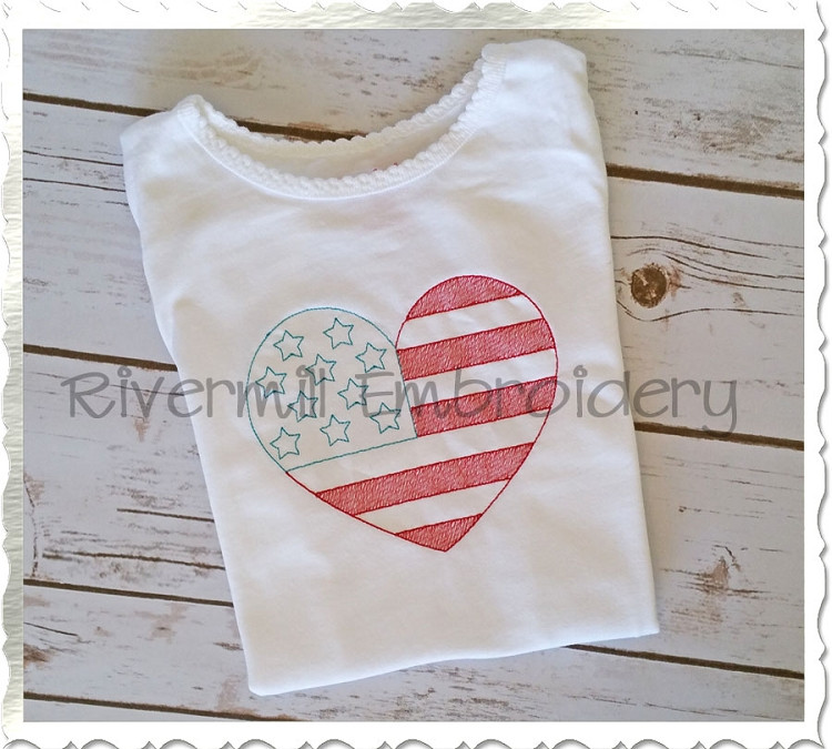 Vintage Style Heart Shaped American Flag Machine Embroidery Design