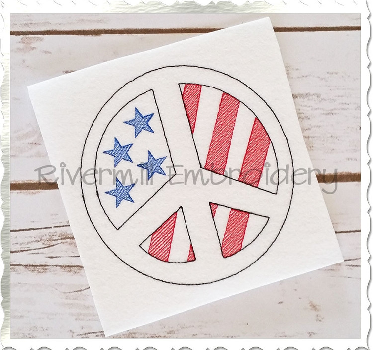 Vintage Style American Flag Peace Sign Machine Embroidery Design