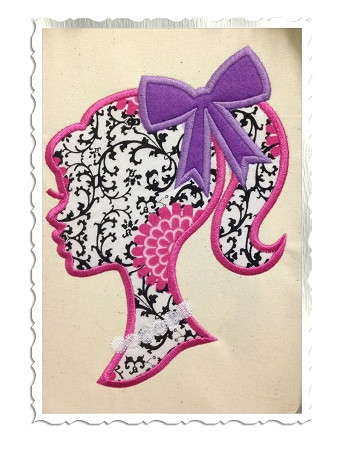 Applique Ponytail Girl With Bow Silhouette Machine Embroidery Design