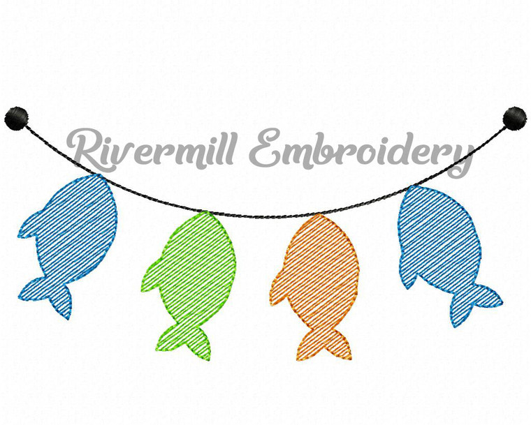 Sketch Style Fish Hanging on a Line Machine Embroidery Design